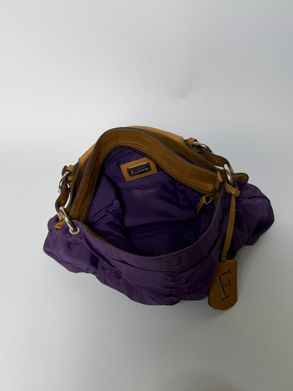 Purple Ruched Nylon & Leather Shoulder Bag