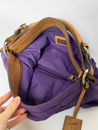 Purple Ruched Nylon & Leather Shoulder Bag