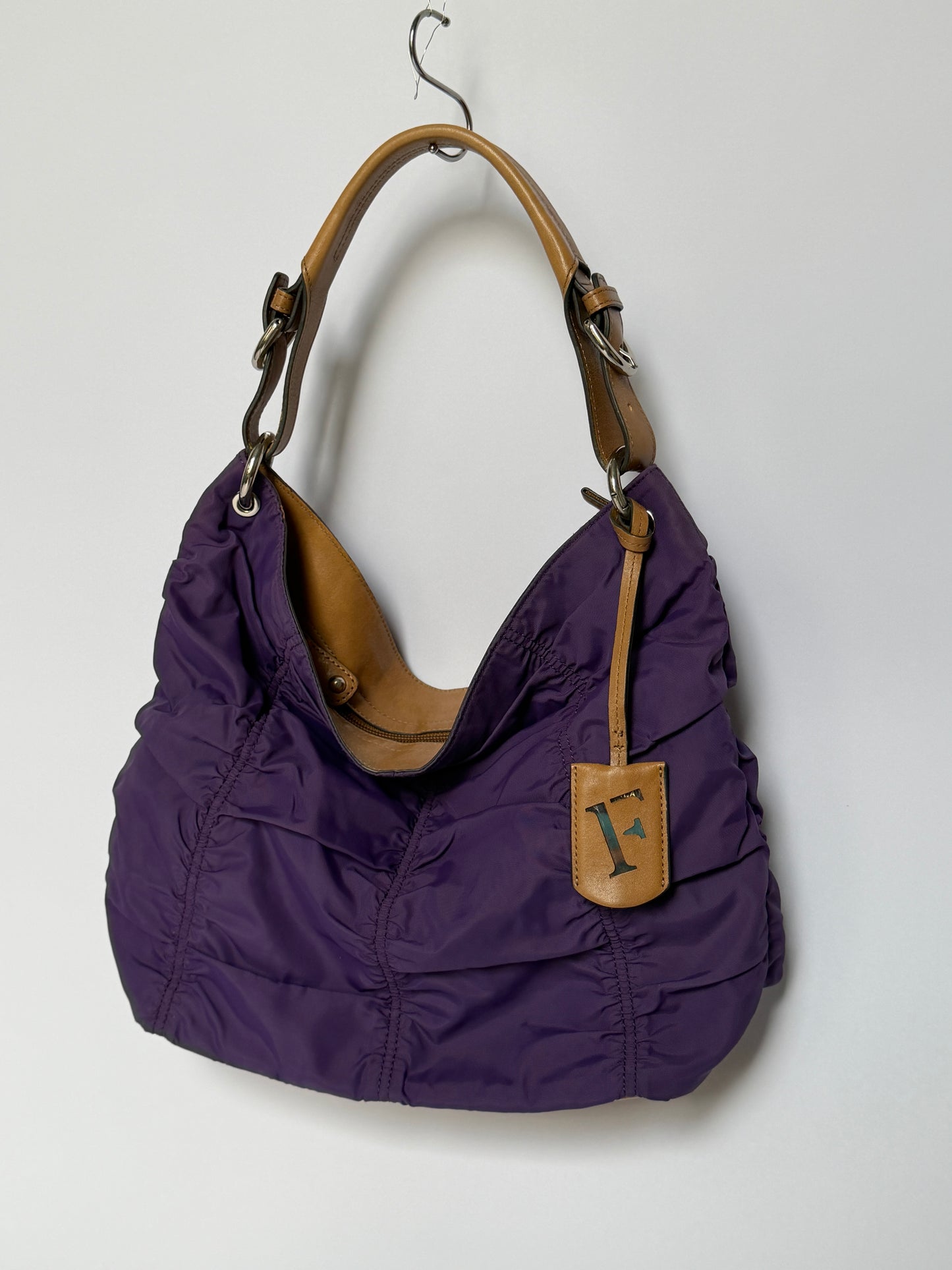 Purple Ruched Nylon & Leather Shoulder Bag