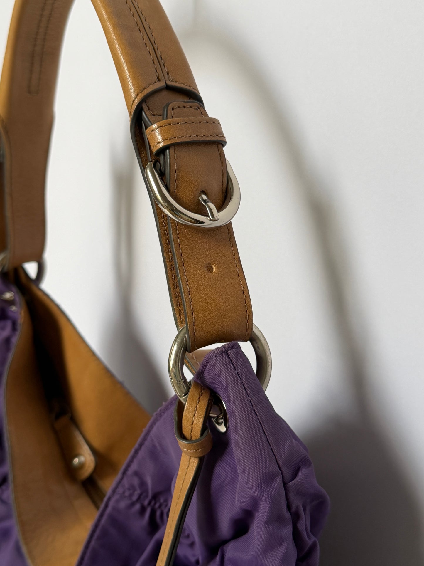 Purple Ruched Nylon & Leather Shoulder Bag