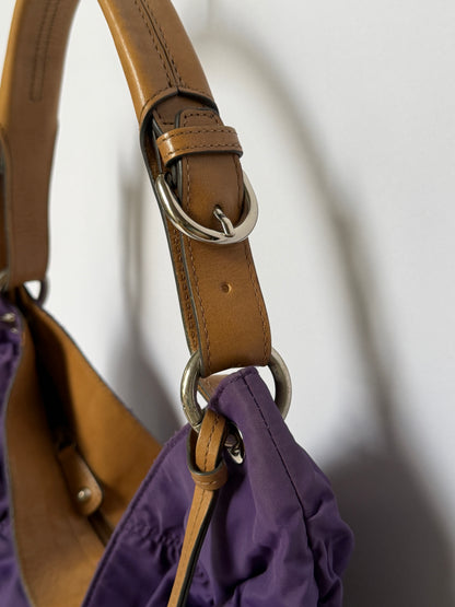Purple Ruched Nylon & Leather Shoulder Bag