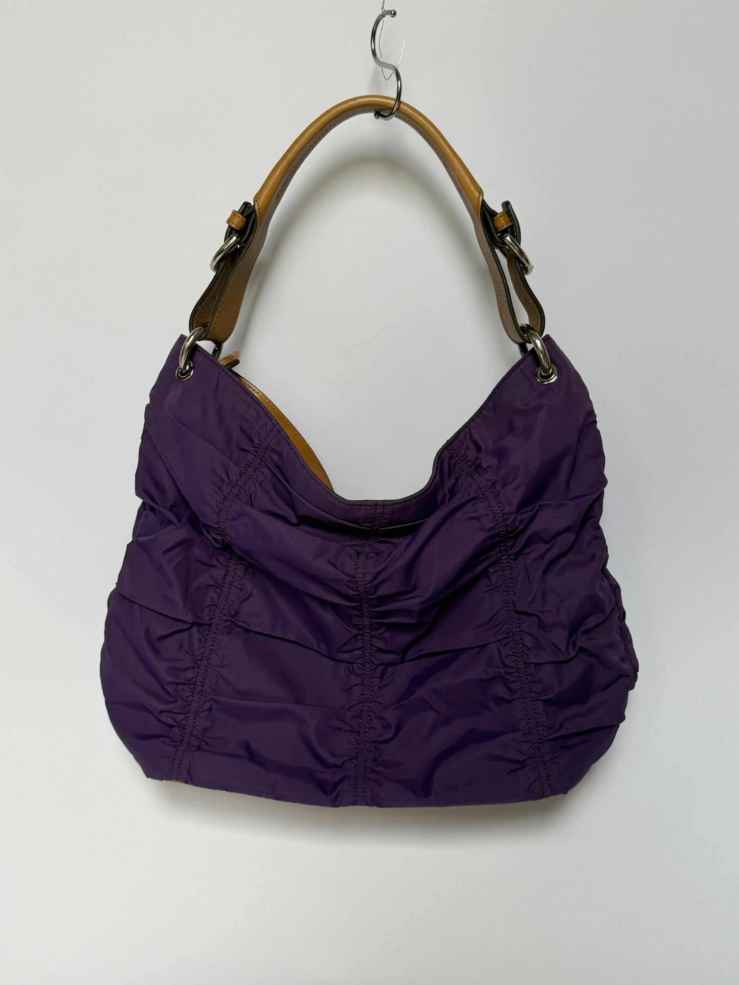 Purple Ruched Nylon & Leather Shoulder Bag