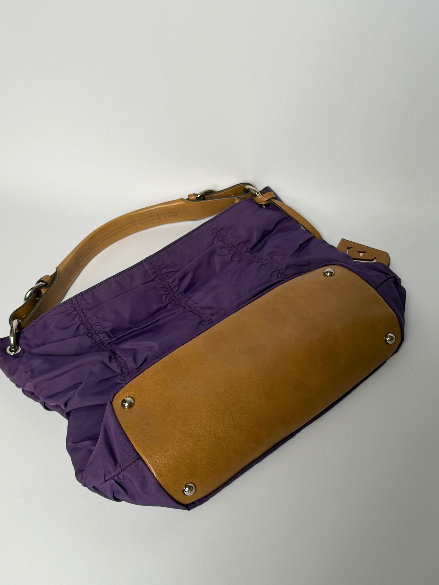 Purple Ruched Nylon & Leather Shoulder Bag