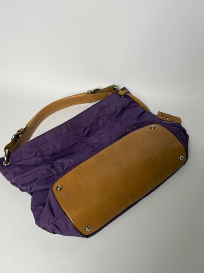 Purple Ruched Nylon & Leather Shoulder Bag