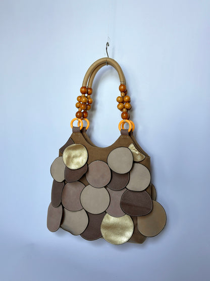 Leather Disc & Wooden Bead Bag