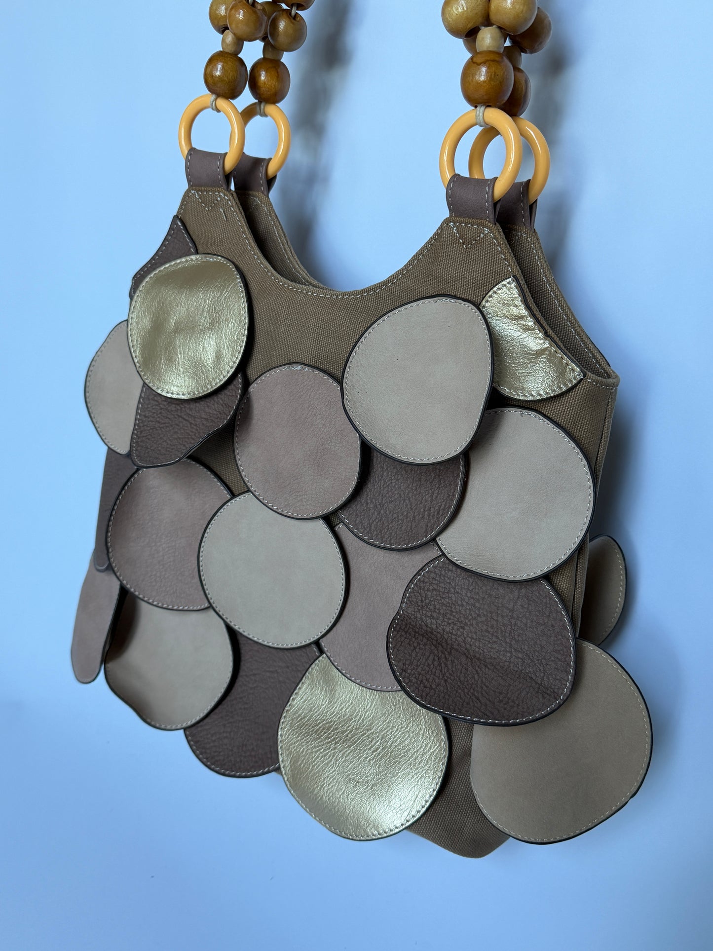 Leather Disc & Wooden Bead Bag