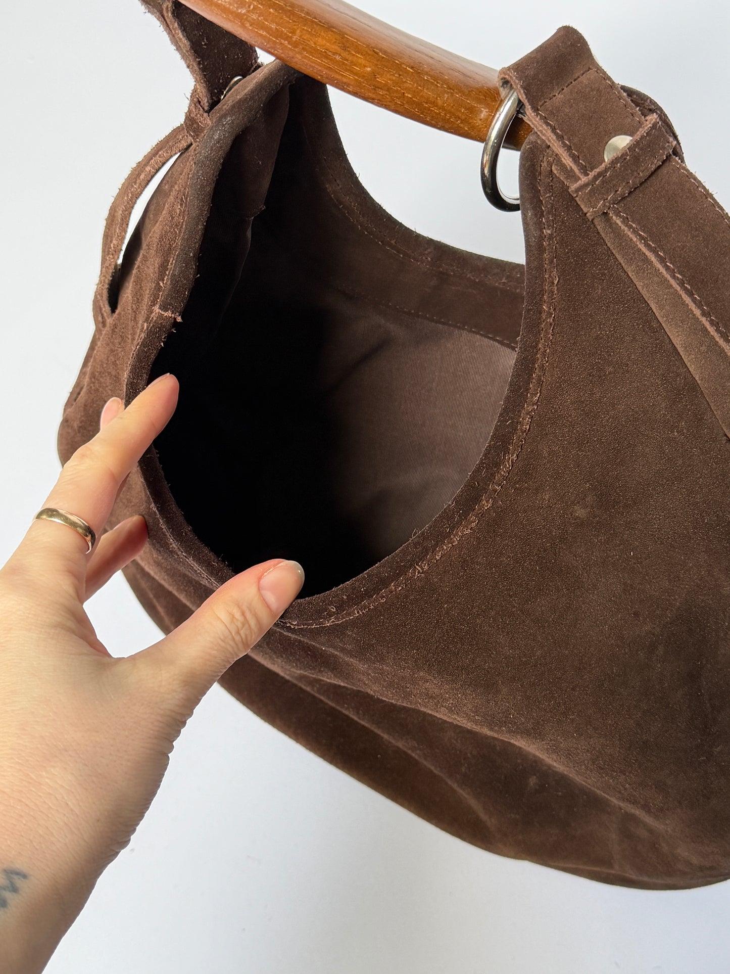 Brown Suede Boho Wooden Handle Bag