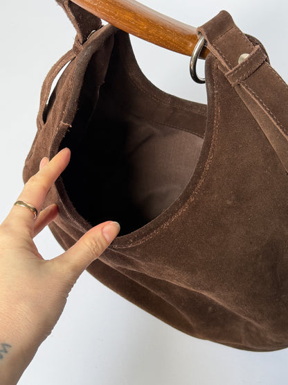 Brown Suede Boho Wooden Handle Bag