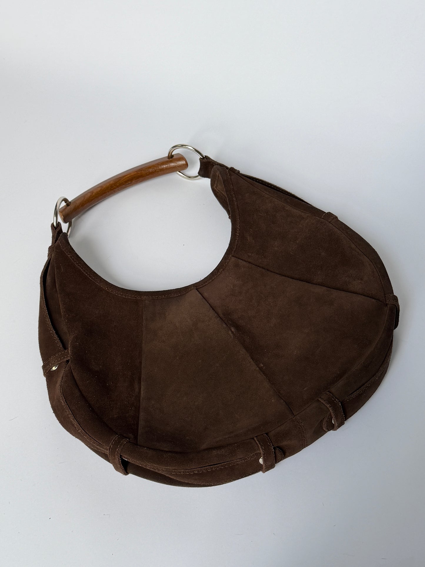 Brown Suede Boho Wooden Handle Bag