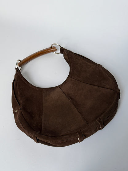 Brown Suede Boho Wooden Handle Bag