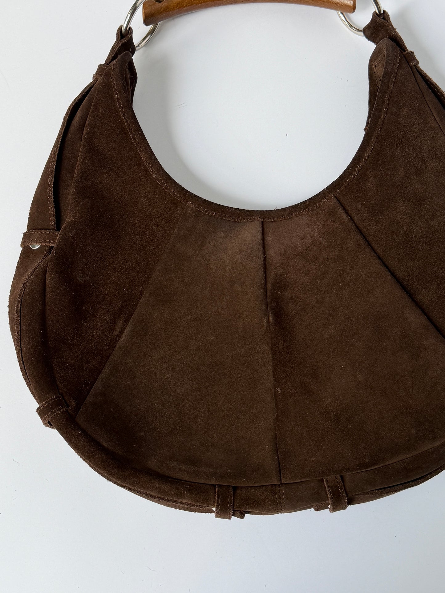Brown Suede Boho Wooden Handle Bag