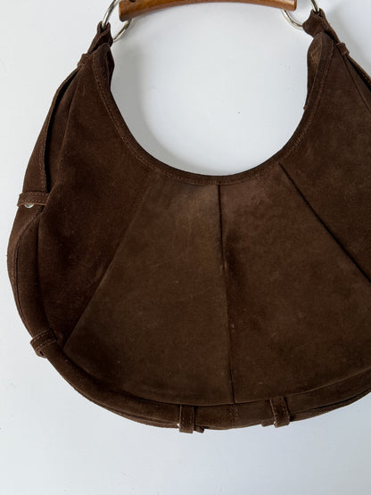 Brown Suede Boho Wooden Handle Bag