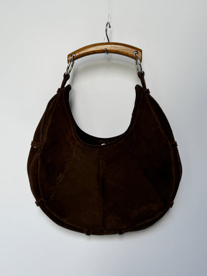 Brown Suede Boho Wooden Handle Bag