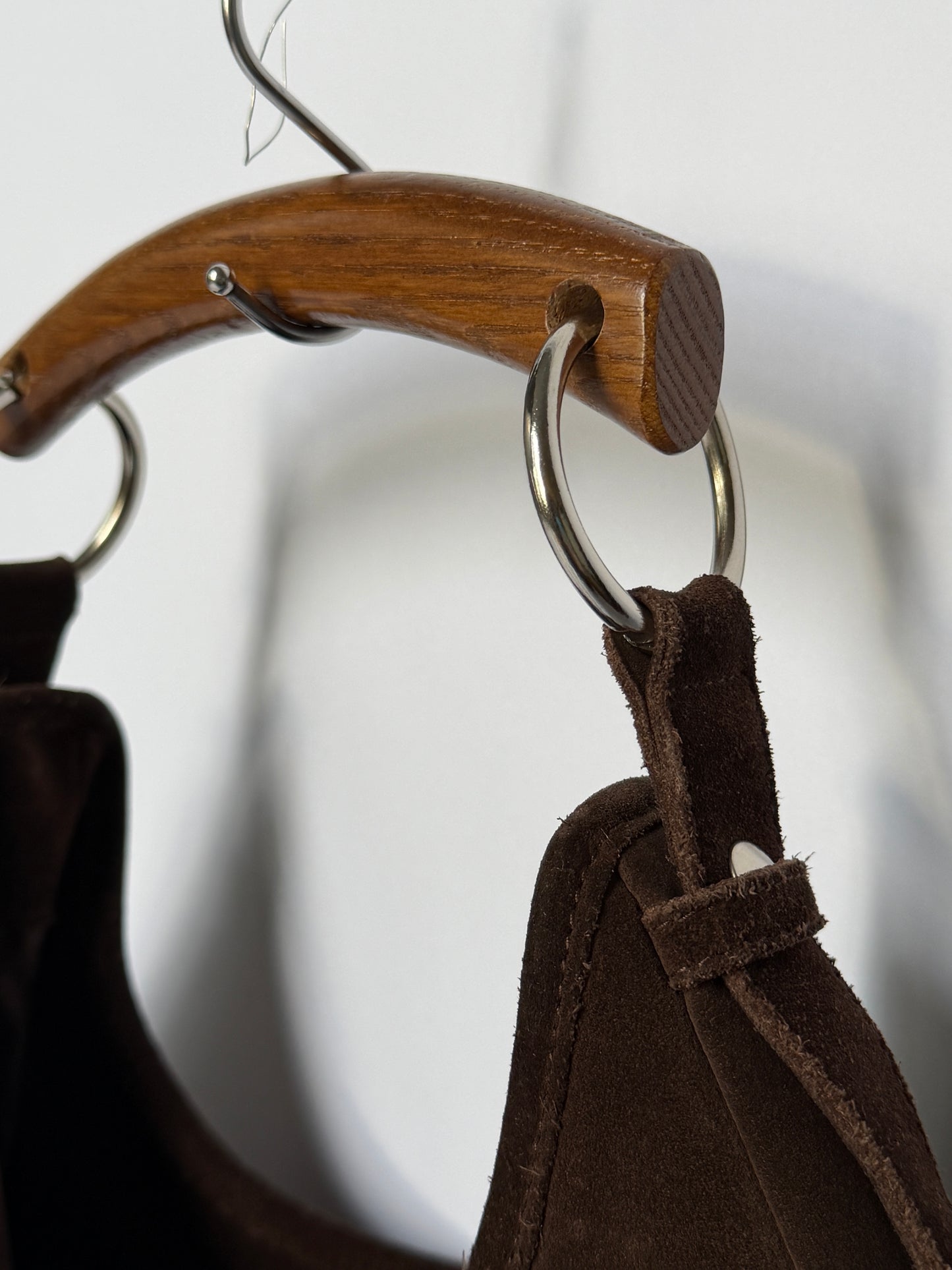 Brown Suede Boho Wooden Handle Bag