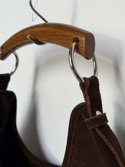 Brown Suede Boho Wooden Handle Bag