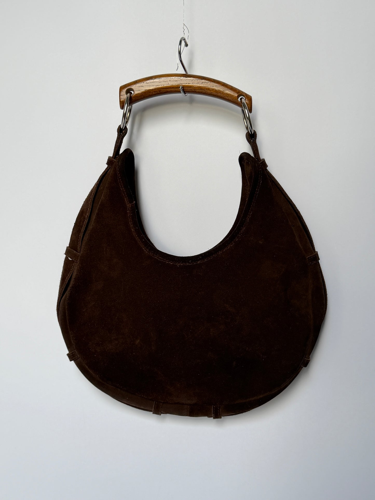 Brown Suede Boho Wooden Handle Bag