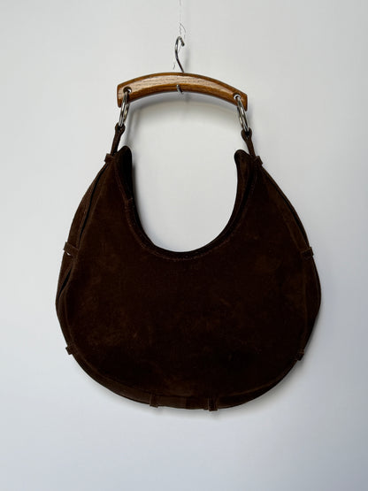 Brown Suede Boho Wooden Handle Bag