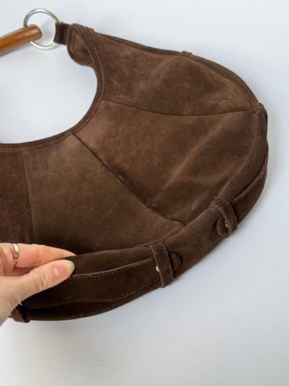 Brown Suede Boho Wooden Handle Bag