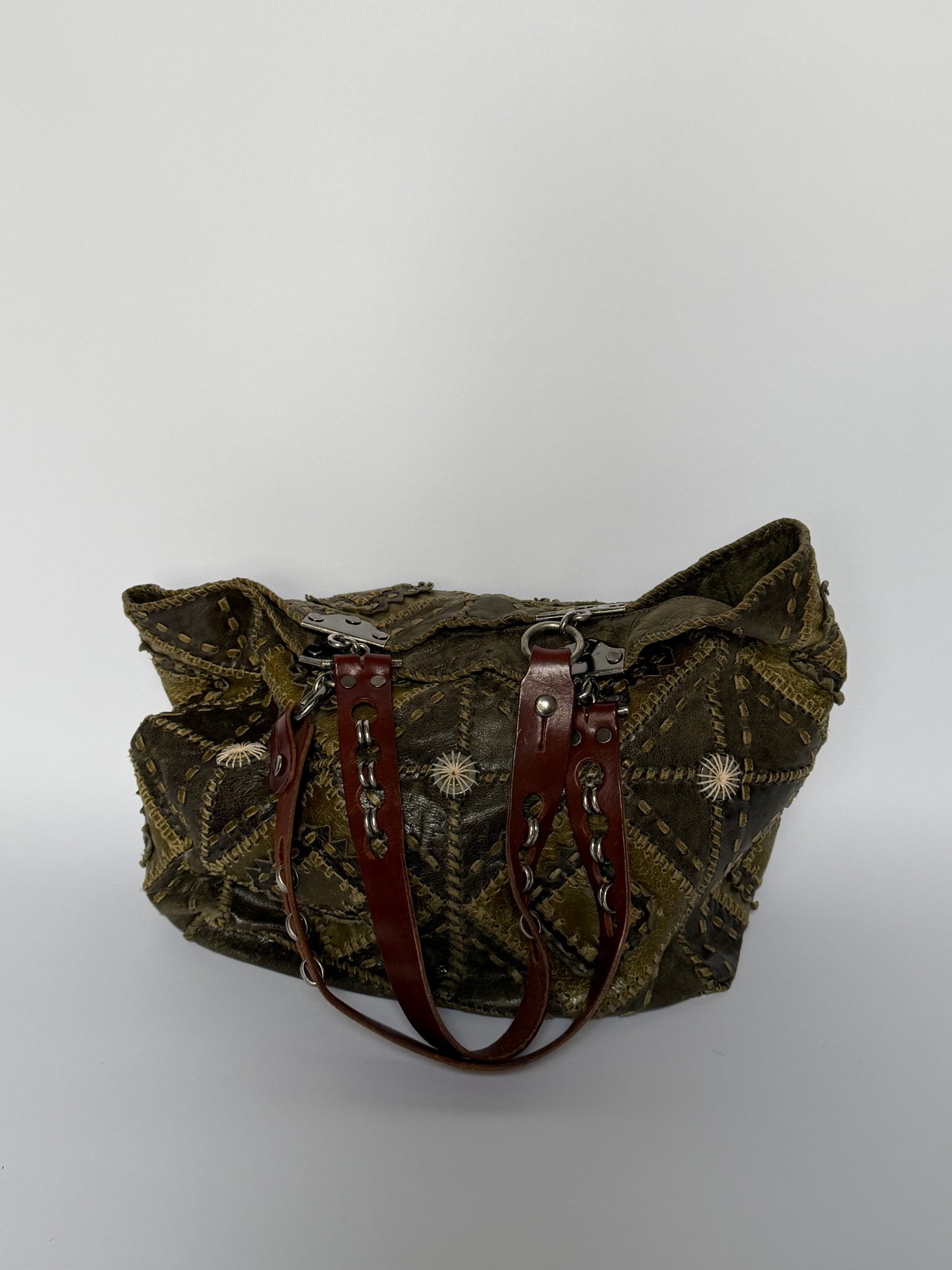 French Olive Leather Patchwork Tote