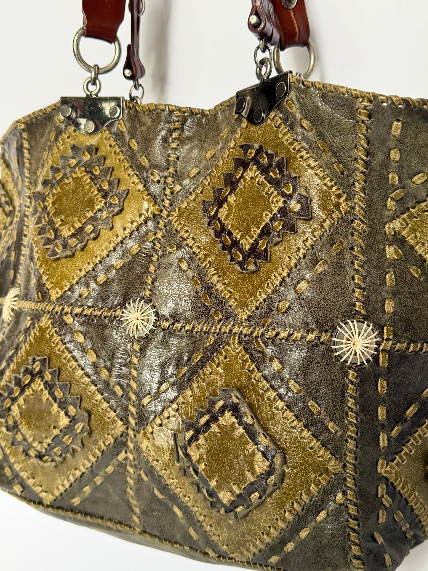 French Olive Leather Patchwork Tote