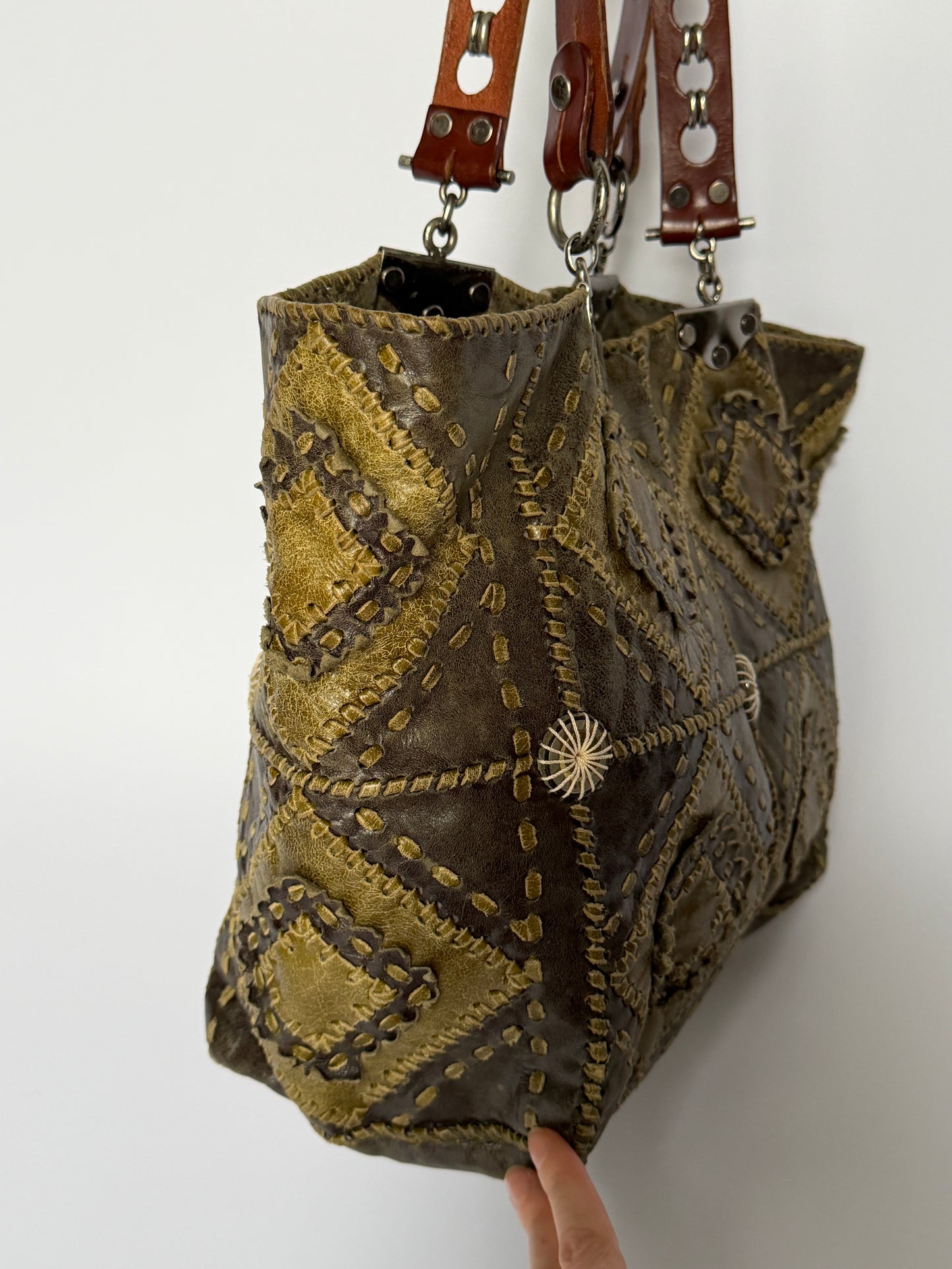 French Olive Leather Patchwork Tote