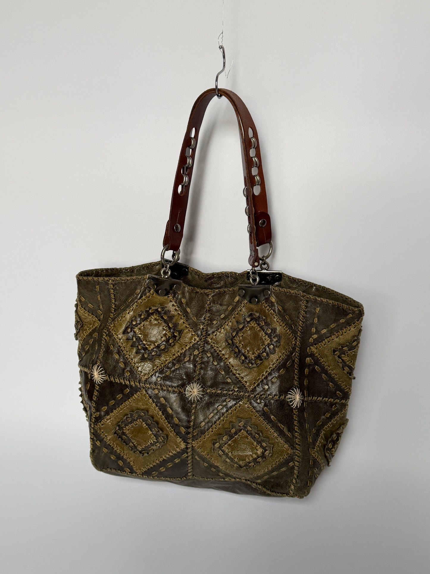 French Olive Leather Patchwork Tote