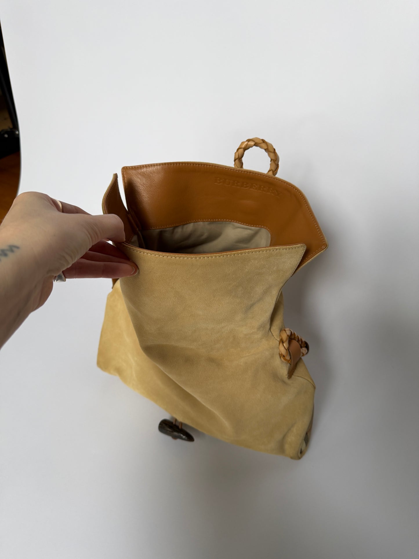 Burberry Suede Horn Bag w Iconic Plaid