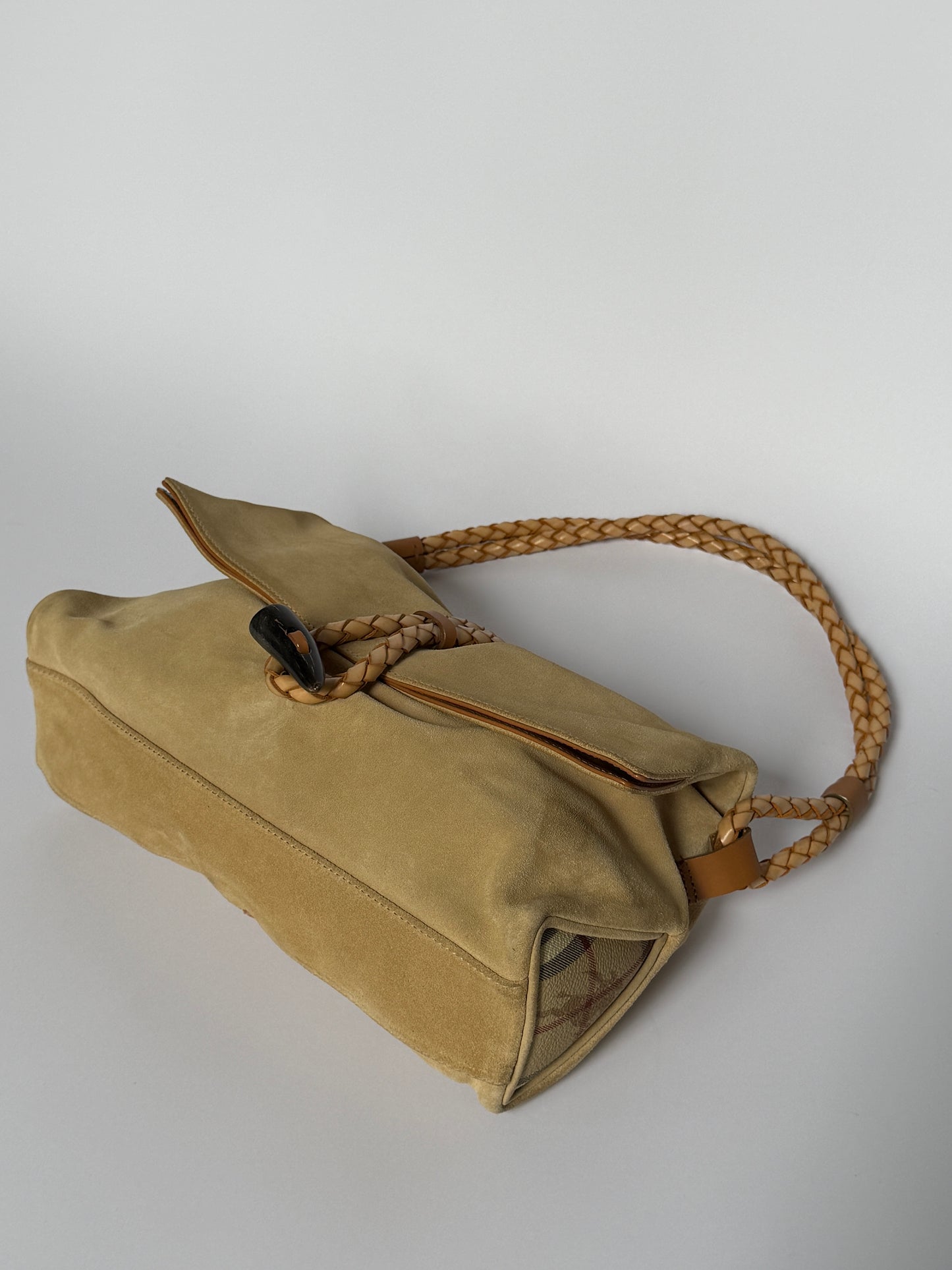 Burberry Suede Horn Bag w Iconic Plaid