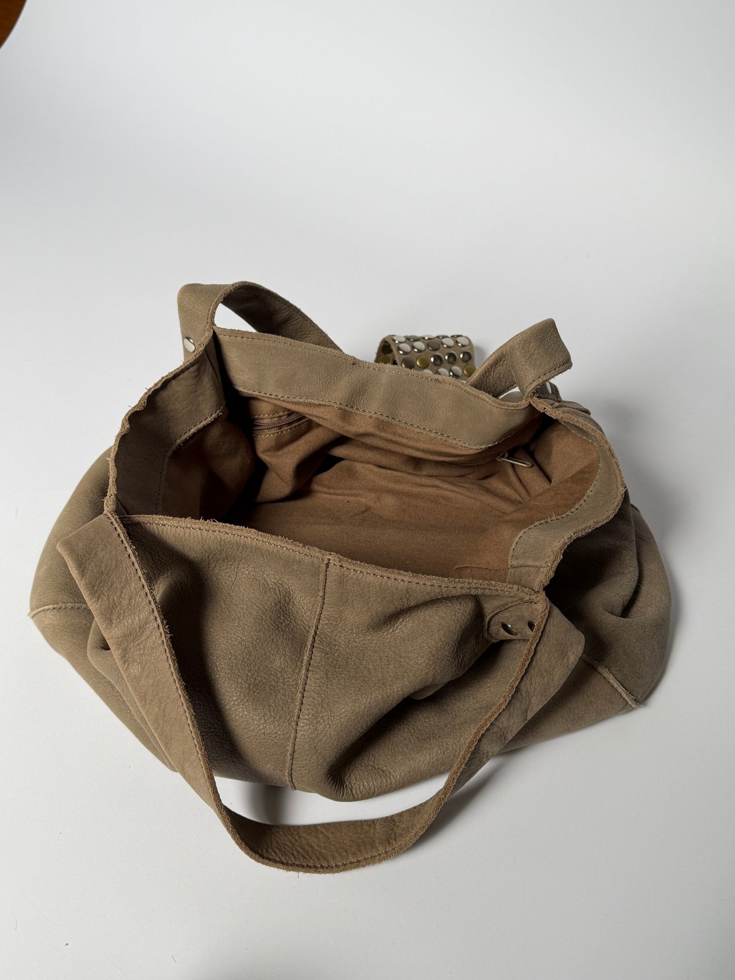 Studded Leather Tote — Distressed Taupe