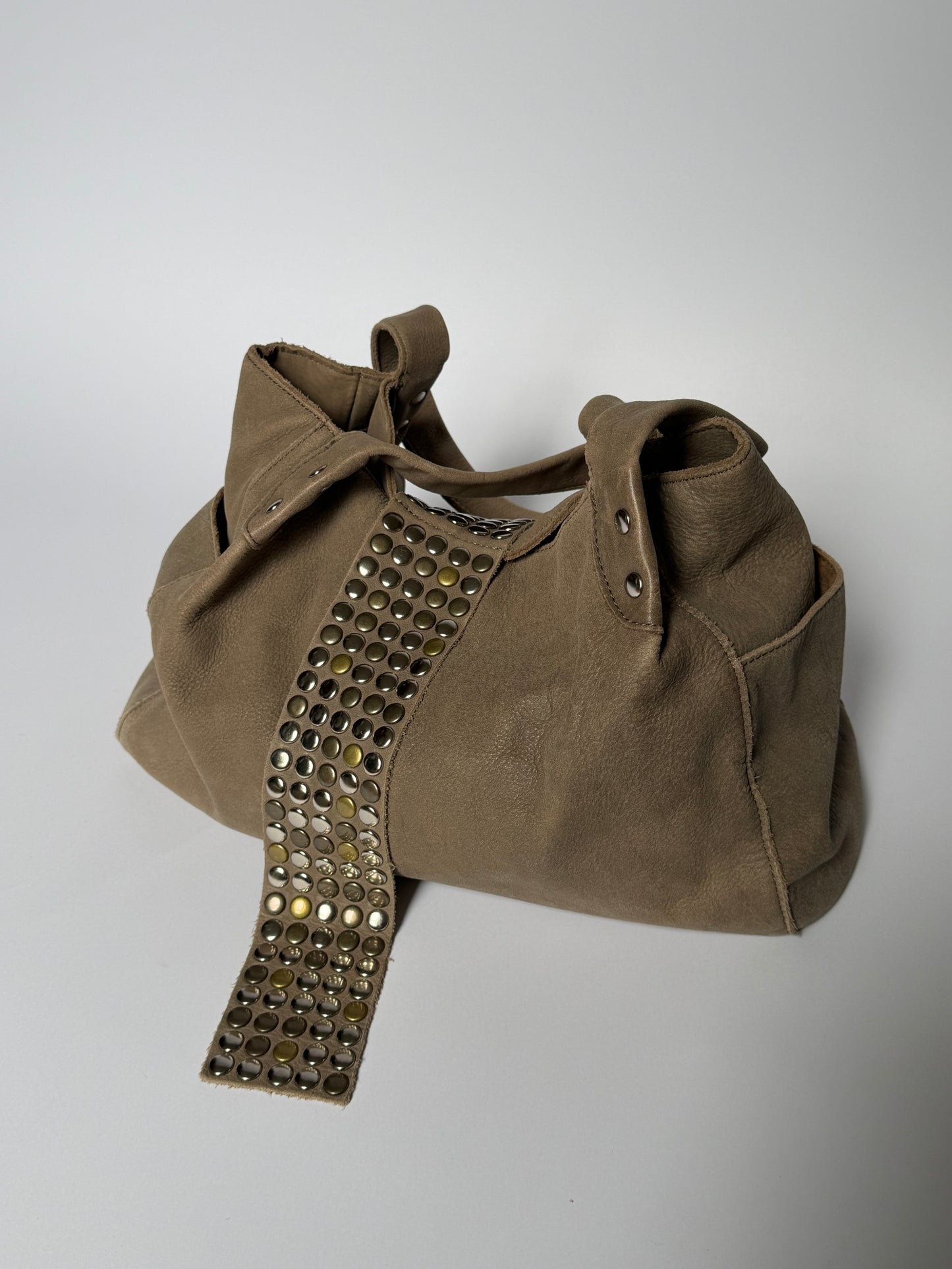Studded Leather Tote — Distressed Taupe