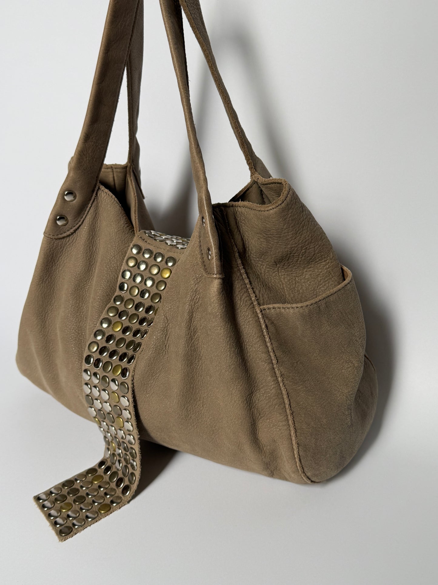 Studded Leather Tote — Distressed Taupe