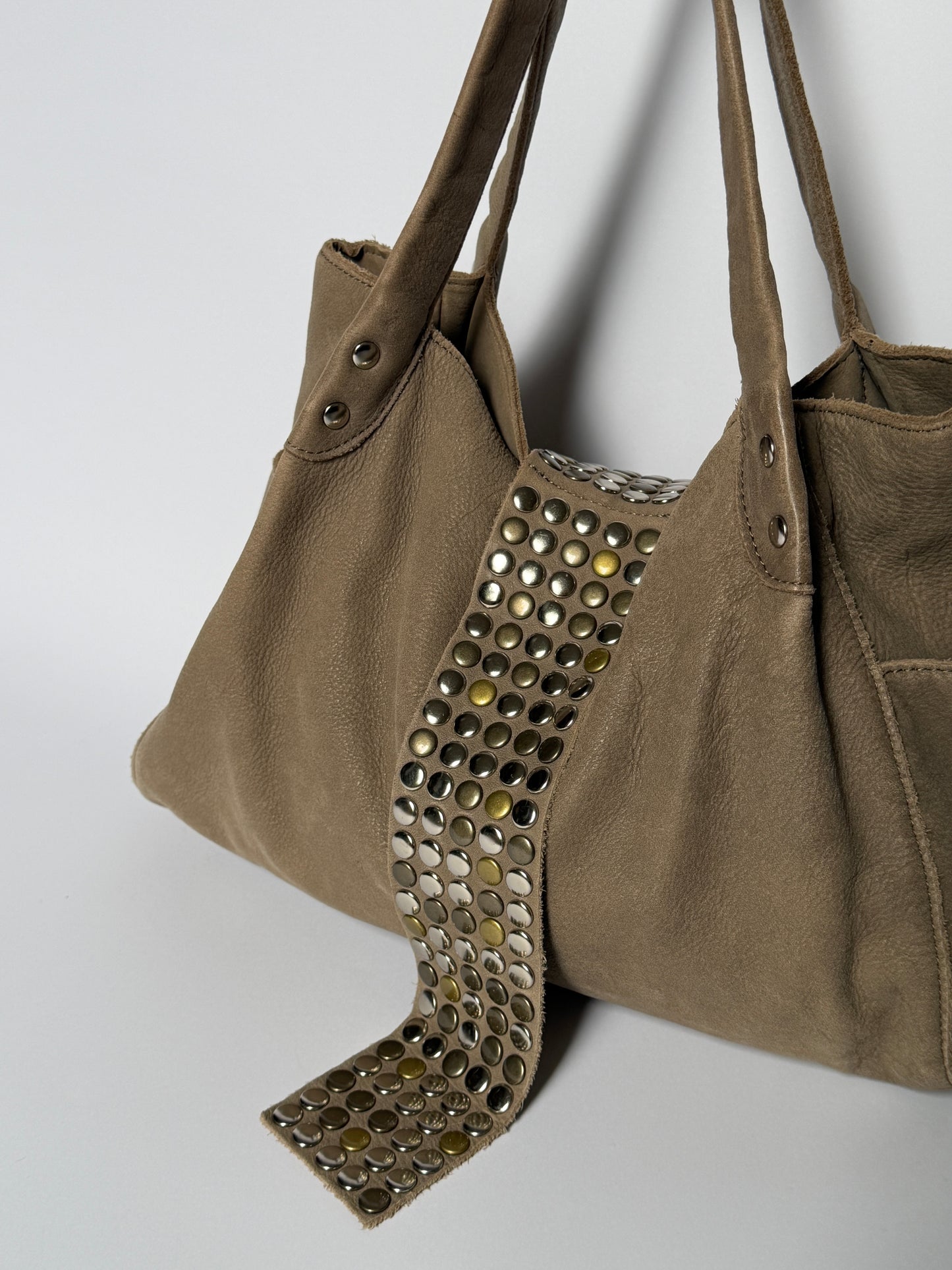 Studded Leather Tote — Distressed Taupe