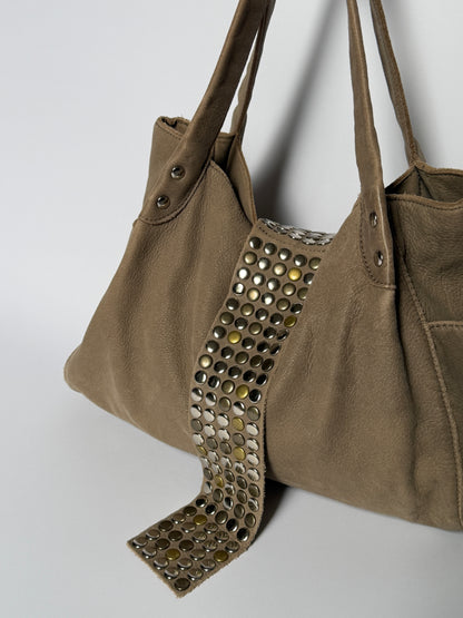 Studded Leather Tote — Distressed Taupe