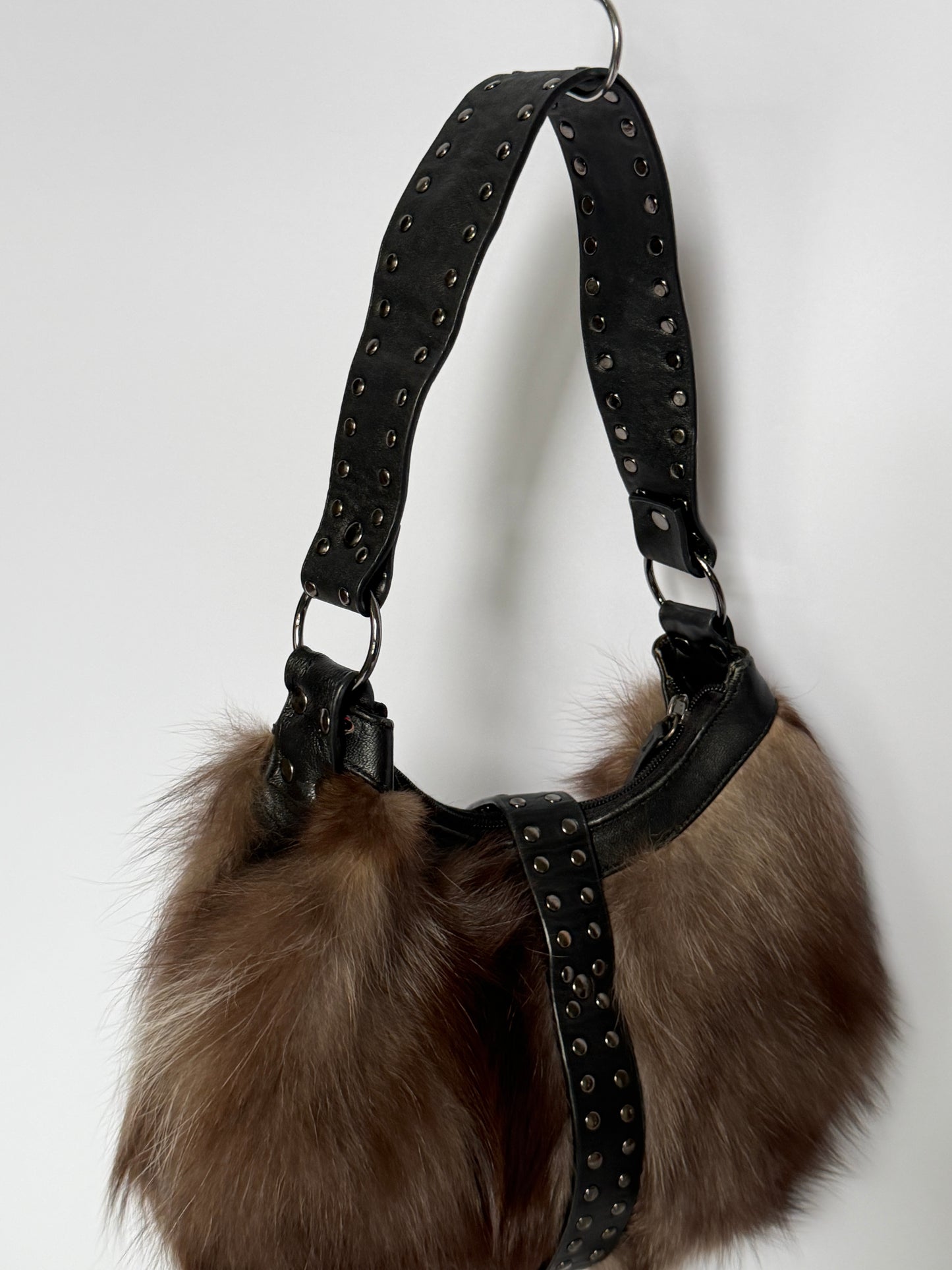 Fur Bag with Studded Leather Strap