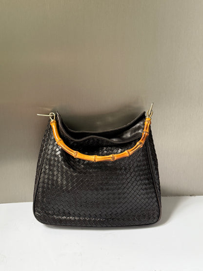 Vintage Woven Leather & Bamboo Bag