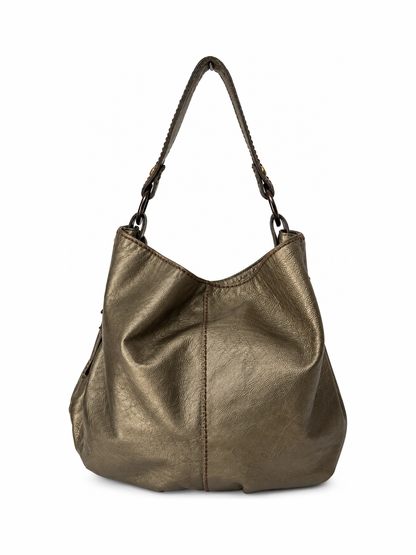 Metallic Dark Silver/Bronze Leather Bag with Wooden Ring Hardware
