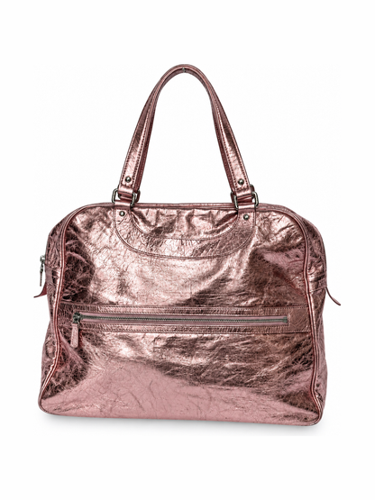 Large Metallic Pink Crinkled Leather Duffle Bag