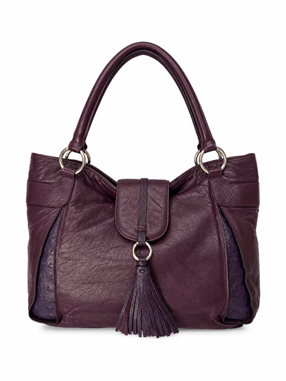Plum Leather Bag with Ostrich Leather Panels