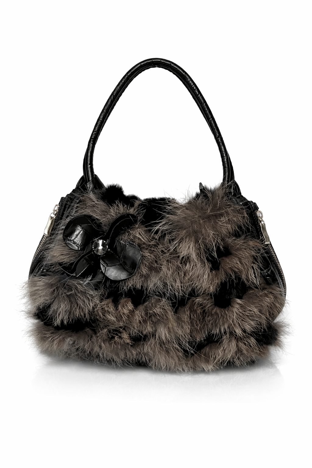 Fur & Croc-Embossed Leather Flower Bag