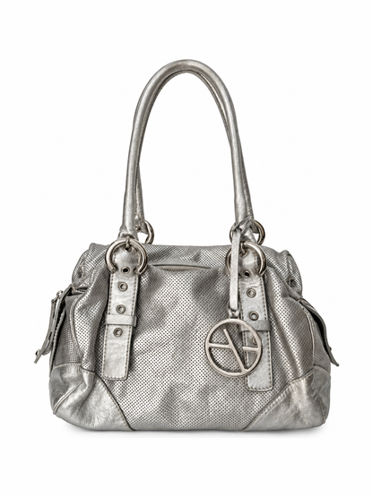 Silver Leather Shoulder Bag with Buckle Straps and Logo Charm