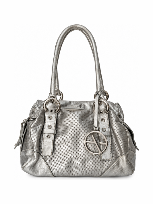 Silver Leather Shoulder Bag with Buckle Straps and Logo Charm