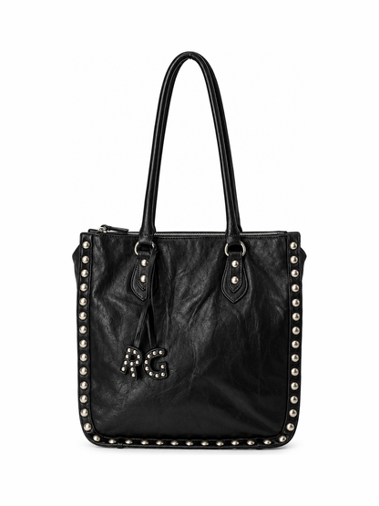 Black Leather Studded Tote Bag