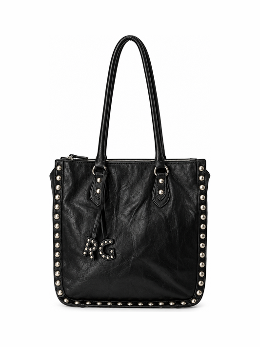 Black Leather Studded Tote Bag