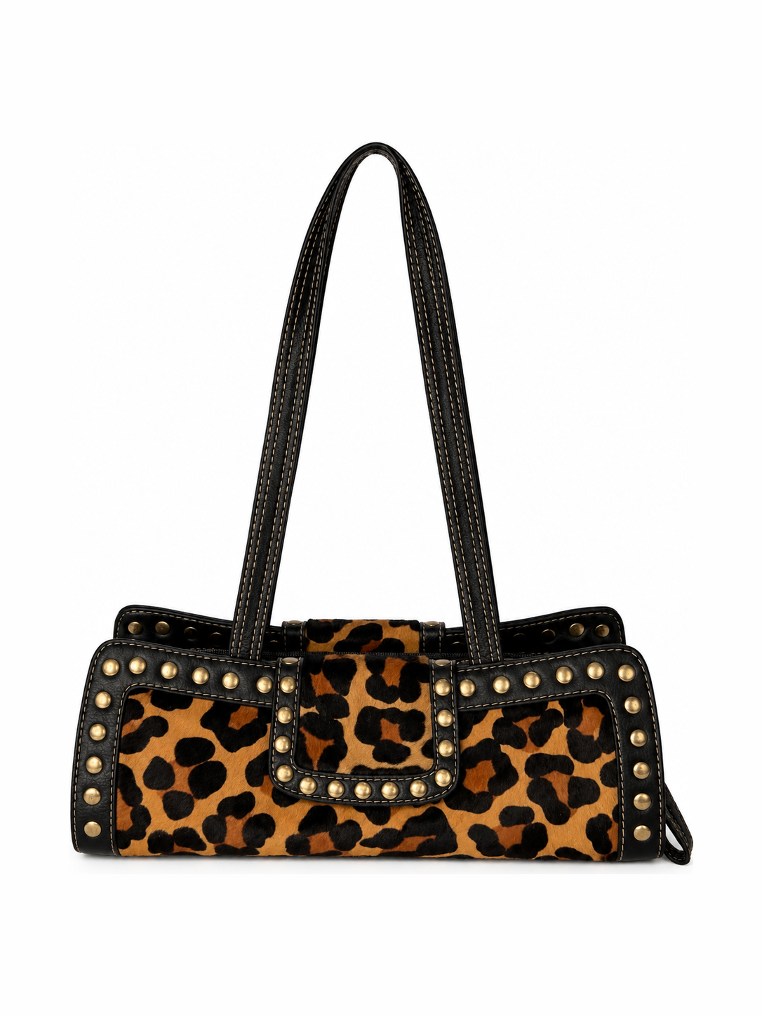 Leopard Print Pony Hair Studded East West Bag