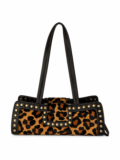 Leopard Print Pony Hair Studded East West Bag