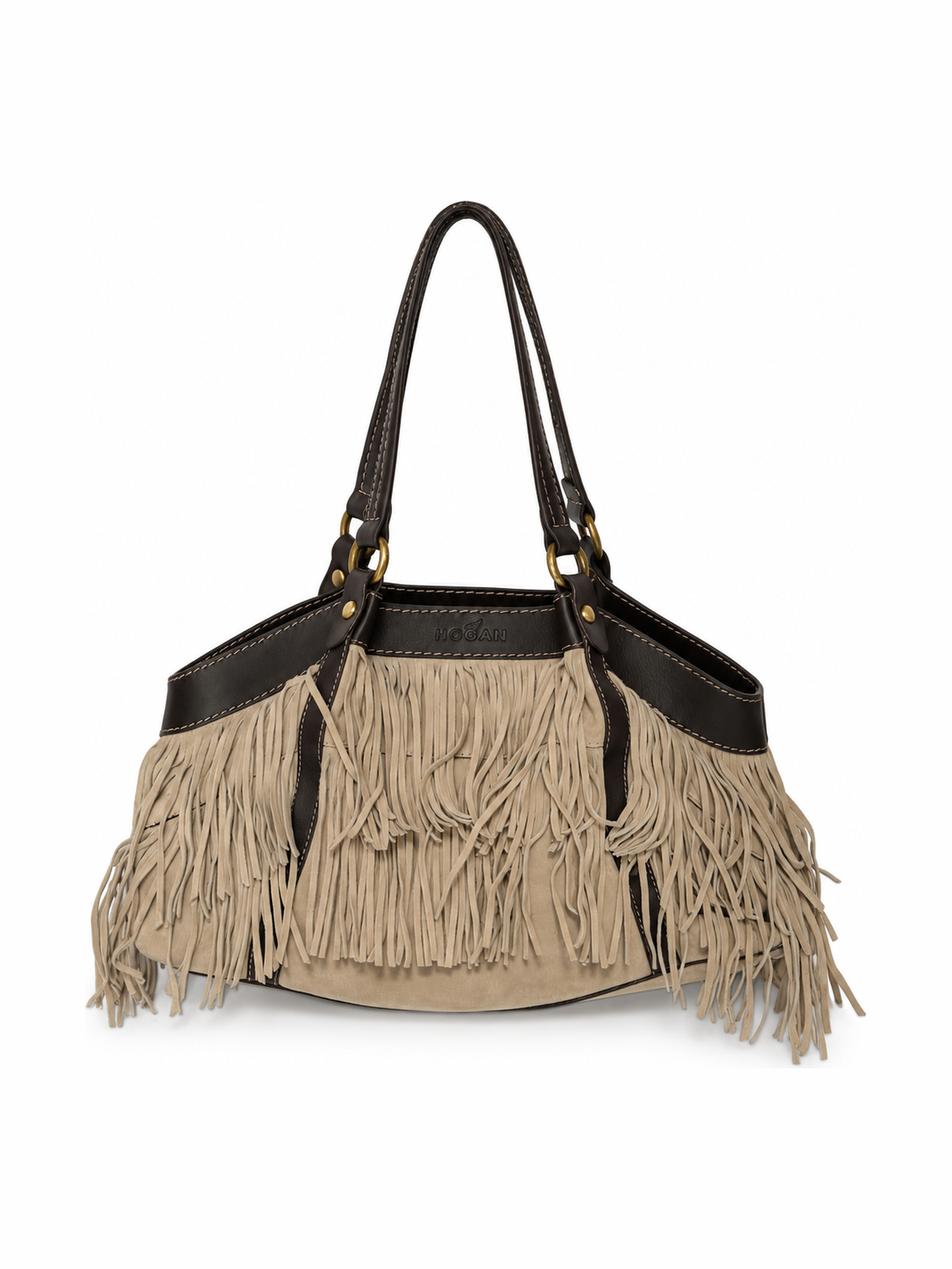 Suede Fringe Shoulder Bag with Striped Lining