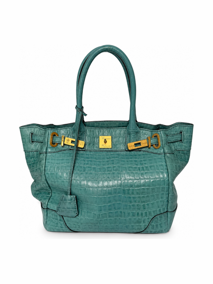 Aqua Blue Croc-Embossed Leather Tote Bag