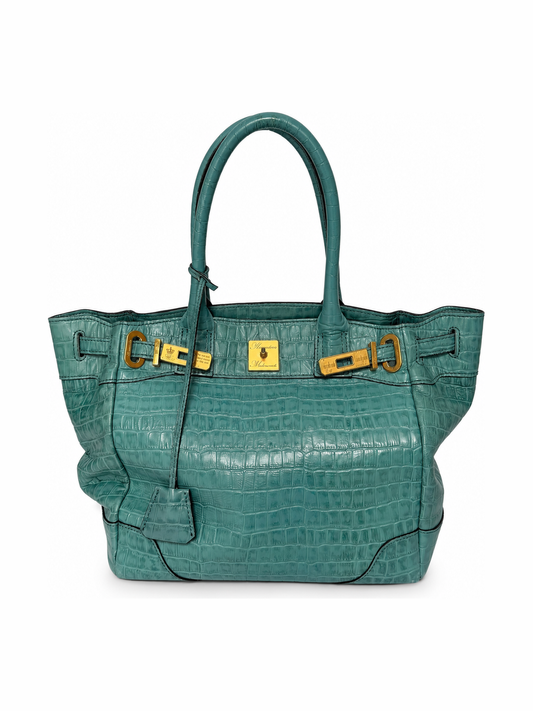 Aqua Blue Croc-Embossed Leather Tote Bag