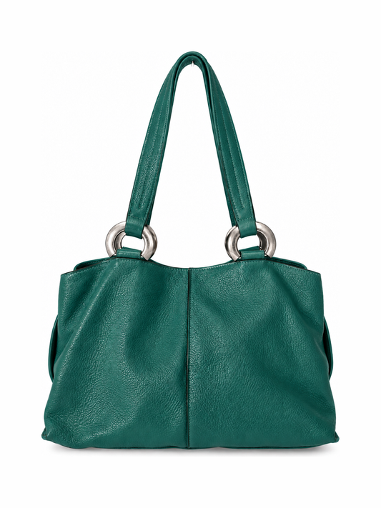 Teal Pebbled Leather Shoulder Bag with Silver Ring Hardware