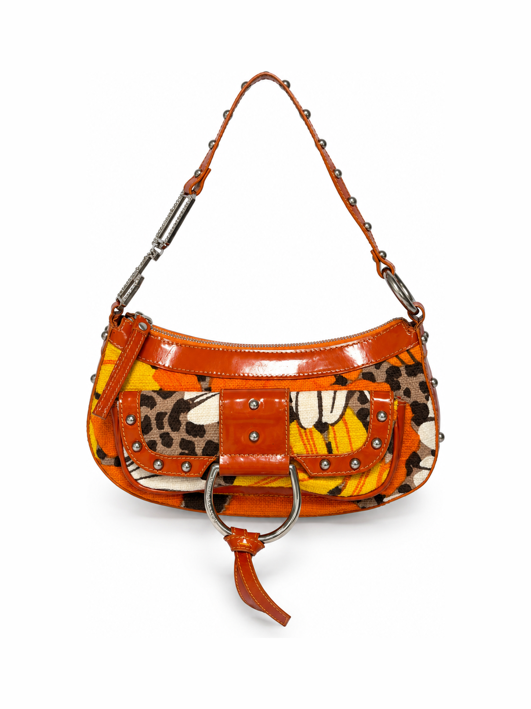 Early 2000s Orange Floral Leopard Print Canvas Shoulder Bag